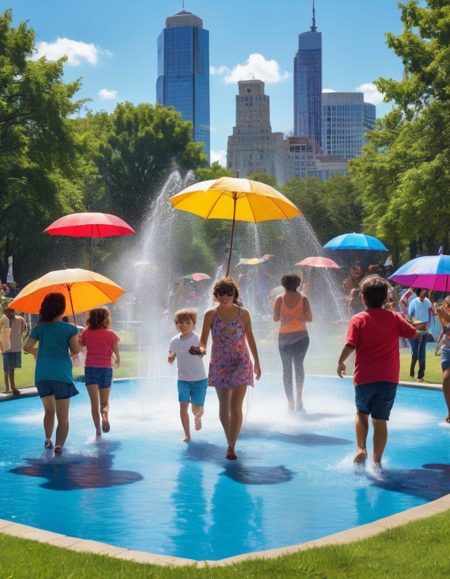 A diverse group of people joyfully soaking in a city park fountain, laughter echoing amidst splashes of water. Vibrant picnic blankets and colorful umbrellas scattered around, symbolizing connection and outdoor fun. In the background, iconic city skyline with a bright blue sky above. Playful pets and children running around, capturing a sense of community and enjoyment. vivid colors. super-realistic.