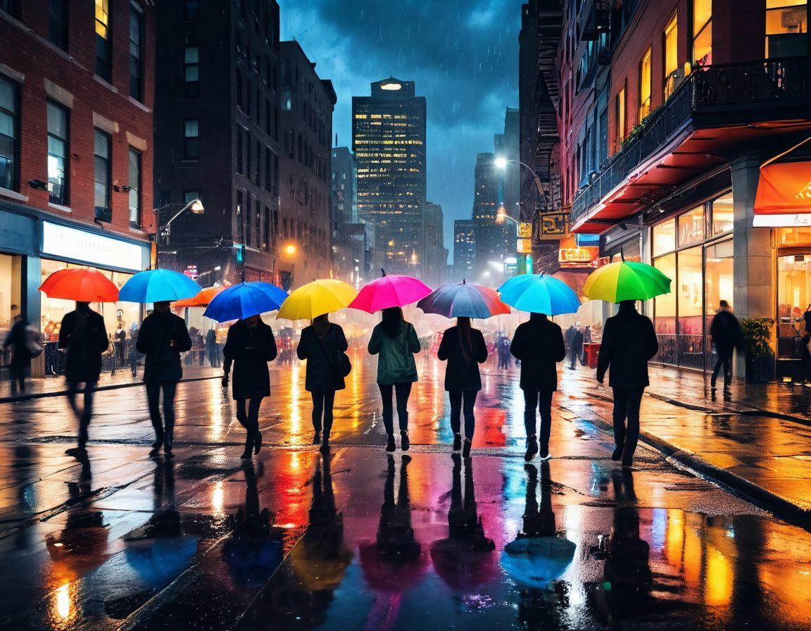 A lively urban scene featuring people joyously splashing through rain puddles, with colorful umbrellas and city buildings in the background. Captured in vibrant colors, the atmosphere is filled with laughter and excitement, highlighting the fun of wet adventures in a bustling city setting. The wet pavement reflects the city's lights, enhancing the energy of the moment. super-realistic. vibrant colors. dynamic urban art.