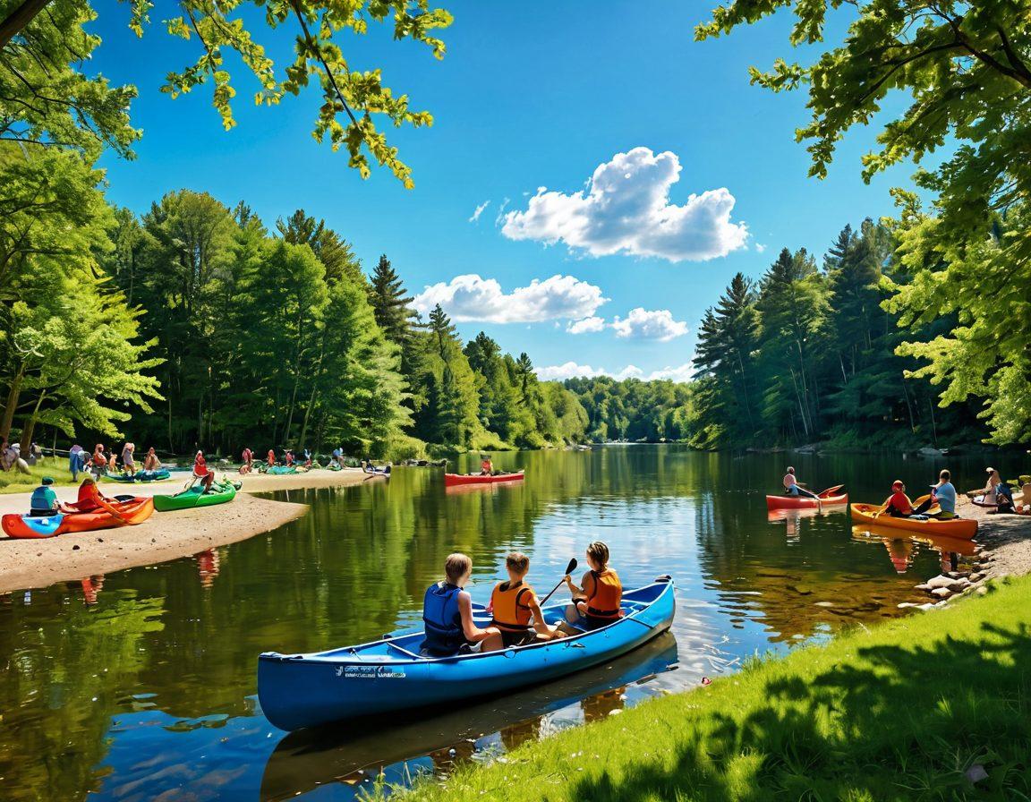 A vibrant community gathering by a sparkling lake, showcasing diverse individuals canoeing, kayaking, and engaging in water sports. Include children laughing while splashing in the water and families enjoying a picnic on the shore, with beautiful greenery surrounding the area. Capture a sense of unity and joy among participants, with bright blue skies overhead. vibrant colors. super-realistic. sunny day.
